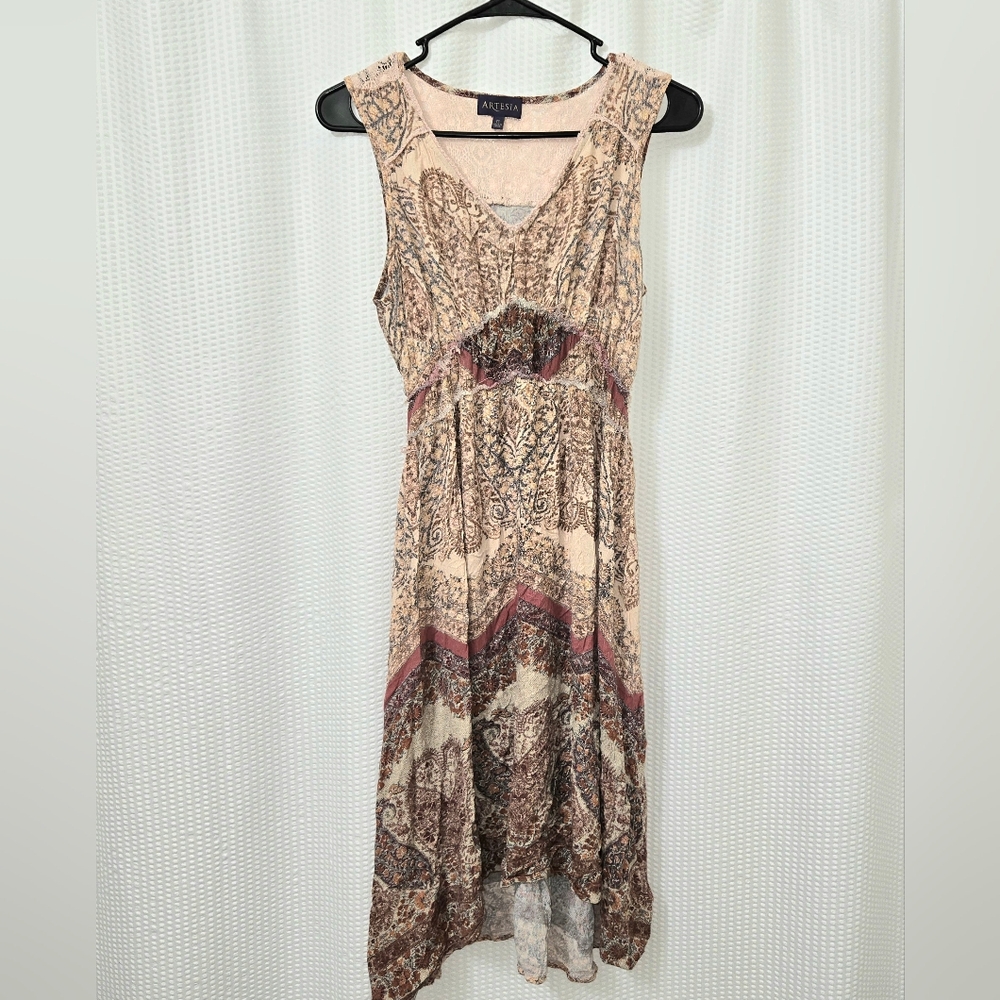 Paisley Print Sleeveless Hi-low Boho Style V-neck Dress 100% Rayon Med